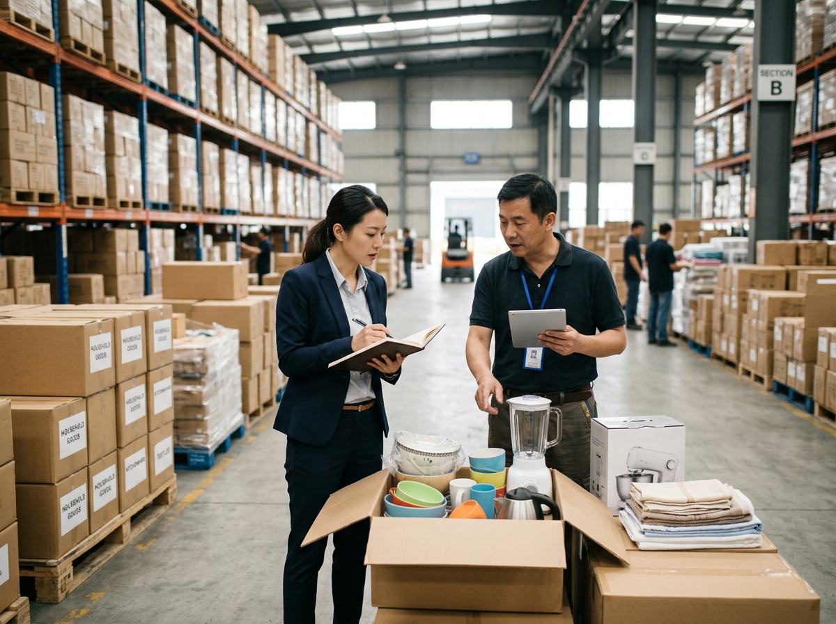 Buyer and factory manager inspecting household goods samples in a warehouse