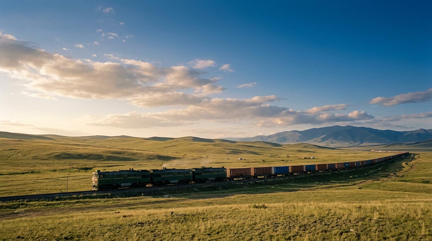 Container freight train crossing the Mongolian steppe