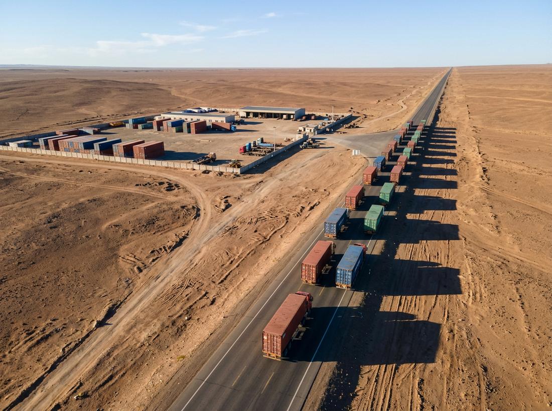 Container trucks on a desert highway beside a border logistics yard