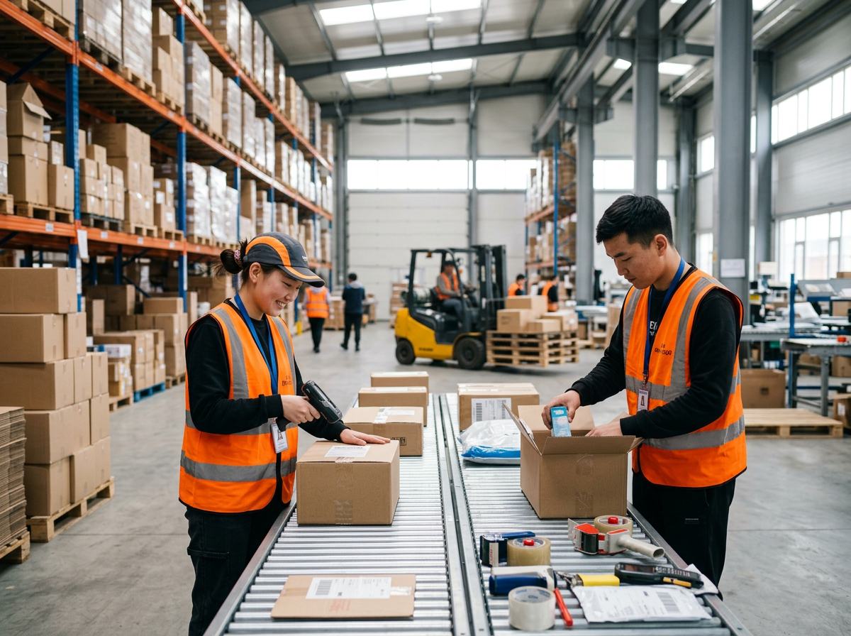 Workers packing parcels in a logistics warehouse